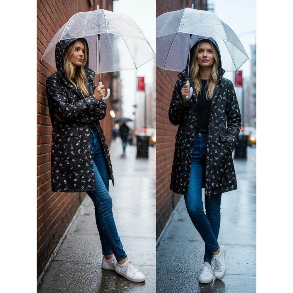 NWT KATE SPADE JACKET S RAINCOAT BLACK PINK DITSY FLORAL FEMININE OUTDOOR RAIN